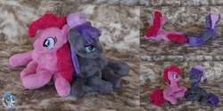 Size: 2013x1000 | Tagged: safe, artist:essorille, maud pie, pinkie pie, earth pony, pony, g4, duo, hat, irl, missing accessory, photo, plushie, prone, smiling, when she smiles
