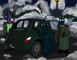 Size: 2656x2056 | Tagged: safe, artist:witkacy1994, queen chrysalis, changeling, changeling queen, anthro, g4, car, chrysler, chrysler pt cruiser, clothes, dress, female, halberd, high res, name pun, pun, weapon
