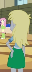 Size: 216x488 | Tagged: safe, screencap, derpy hooves, fluttershy, equestria girls, g4, my little pony equestria girls: rainbow rocks, boots, clothes, cropped, cup, female, hand on hip, high heel boots, rear view, skirt, socks, straw, table