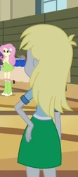 Size: 216x488 | Tagged: safe, screencap, derpy hooves, fluttershy, equestria girls, g4, my little pony equestria girls: rainbow rocks, boots, clothes, cropped, cup, female, hand on hip, high heel boots, polka dot socks, rear view, skirt, socks, straw, table