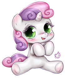 Size: 406x470 | Tagged: safe, artist:catmag, sweetie belle, pony, unicorn, g4, blushing, cute, diasweetes, female, filly, frog (hoof), looking at you, open mouth, simple background, sitting, smiling, solo, underhoof
