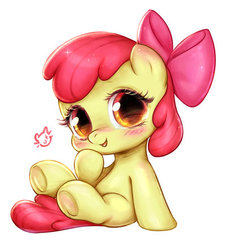 Size: 400x442 | Tagged: safe, artist:catmag, apple bloom, earth pony, pony, g4, adorabloom, bow, cute, female, filly, hair bow, looking at you, open mouth, simple background, sitting, smiling, solo