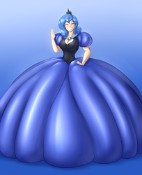 Size: 2094x2560 | Tagged: source needed, safe, artist:hyperstorm_h, artist:toughset, color edit, edit, princess luna, human, g4, breasts, cleavage, clothes, colored, cute, dress, expy, gown, high res, humanized, impossibly large dress, luna of atlantis, lunabetes, pageant wave, princess, s1 luna, shiny, smiling, smiling at you, waving