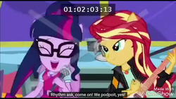 Size: 1366x768 | Tagged: safe, screencap, sci-twi, sunset shimmer, twilight sparkle, equestria girls, g4, get the show on the road, my little pony equestria girls: summertime shorts, leak, bowtie, bus, cute, duo, electric guitar, eyes closed, flying v, glasses, guitar, lidded eyes, microphone, musical instrument, ponied up, russian, sci-twilicorn, sunset shredder, the rainbooms tour bus, twiabetes, youtube link