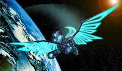 Size: 1920x1126 | Tagged: safe, artist:aprion, oc, oc only, pony, robot, robot pony, blaster, earth, flying, glowing eyes, planet, solo, space, spread wings, stars, sun, weapon, wings