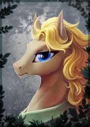 Size: 1240x1753 | Tagged: safe, artist:begasus, oc, oc only, oc:hanks, pony, blue eyes, clothes, commission, forest, leaf, looking at you, male, solo, stallion, tree