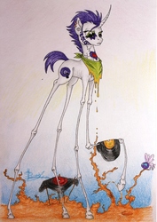 Size: 1701x2404 | Tagged: safe, artist:david-lacroix, oc, oc only, oc:riona, parasprite, pony, unicorn, curved horn, disturbing, female, fine art parody, horn, impossibly long legs, long legs, mare, salvador dalí, solo, traditional art