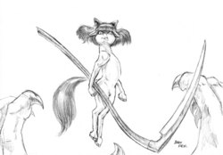 Size: 1500x1045 | Tagged: safe, artist:baron engel, apple bloom, earth pony, pony, semi-anthro, g4, bow, female, filly, floating, grayscale, hair bow, looking at you, monochrome, now you fucked up, pencil drawing, scythe, serious, serious face, simple background, sketch, story in the source, traditional art, white background
