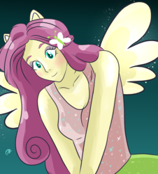 Size: 2480x2742 | Tagged: safe, artist:teopaca, fluttershy, equestria girls, g4, blushing, clothes, cute, female, high res, ponied up, skirt, smiling, solo, sparkling, tank top