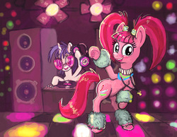 Size: 1280x992 | Tagged: safe, artist:agm, dj pon-3, pacific glow, vinyl scratch, earth pony, pony, unicorn, g4, dance floor, duo, female, headphones, looking at you, mare, smiling, turntable