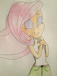 Size: 3024x4032 | Tagged: safe, artist:stammis, fluttershy, equestria girls, g4, my little pony equestria girls: legend of everfree, clothes, eyes closed, female, high res, shorts, solo, traditional art