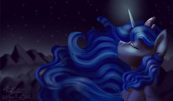 Size: 1238x722 | Tagged: safe, artist:heartlight236, artist:hidadee, princess luna, g4, collaboration, eyes closed, female, glowing horn, horn, mountain, night, solo, stars