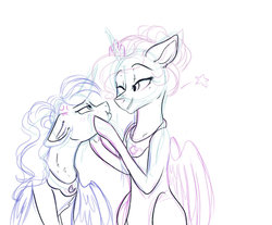 Size: 983x812 | Tagged: dead source, safe, artist:shiny-cooler, princess celestia, princess luna, alicorn, pony, g4, accessory swap, alternate hairstyle, annoyed, blushing, cheek squish, female, imminent kissing, incest, lesbian, looking at each other, mare, one eye closed, ship:princest, shipping, sketch, squishy cheeks, wink