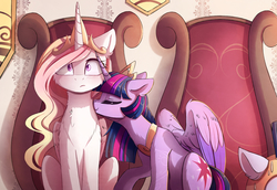 Size: 3344x2300 | Tagged: safe, artist:magnaluna, princess celestia, twilight sparkle, alicorn, pony, g4, blushing, cheek fluff, chest fluff, colored wings, colored wingtips, cute, cutelestia, embarrassed, eyes closed, female, fluffy, frown, high res, hnnng, lesbian, magnaluna is trying to murder us, mare, nuzzling, older, raised hoof, royal guard, ship:twilestia, shipping, sitting, smiling, sniffing, spread wings, sweat, sweatdrop, throne, twiabetes, twilight sparkle (alicorn), weapons-grade cute, wide eyes, wings