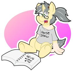 Size: 1280x1242 | Tagged: safe, artist:sketchymouse, oc, oc only, oc:mercury shine, pony, book, clothes, human to pony, light skin, mid-transformation, open mouth, script, shirt, simple background, sitting, solo, text, transformation