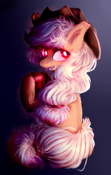 Size: 643x1009 | Tagged: safe, artist:flinrich, applejack, bat pony, pony, g4, apple, applebat, bat ponified, cowboy hat, fangs, female, fluffy, food, fruit, hat, race swap, red eyes, sitting, solo, species swap, stetson