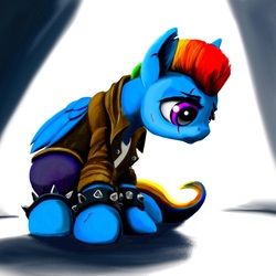 Size: 881x881 | Tagged: safe, artist:ponsce, rainbow dash, pegasus, pony, fanfic:broken toy, g4, alternate hairstyle, clothes, eye scar, facial scar, female, scar, sitting, solo, spiked wristband, wristband