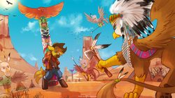 Size: 1600x905 | Tagged: safe, artist:foxinshadow, oc, oc only, oc:charlene, griffon, pony, adventure, axe, belt, carnivore, clothes, commission, cowboy hat, dark, execution, flying, food chain, griffon oc, griffons doing griffon things, hat, native american, pants, predator, prey, spear, stake, tape, tipi, tomahawk, totem, totem pole, weapon, western