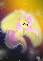 Size: 1024x1448 | Tagged: safe, artist:edonovaillustrator, fluttershy, g4, abstract background, eyes closed, female, glowing, happy, smiling, solo, spread wings, wings