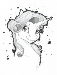 Size: 2382x3146 | Tagged: safe, artist:lupiarts, rarity, pony, unicorn, g4, female, grayscale, high res, looking at you, mare, monochrome, smiling, solo, traditional art