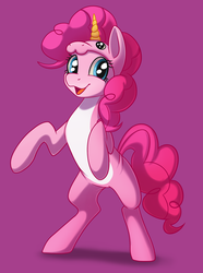 Size: 1485x2000 | Tagged: safe, artist:taneysha, pinkie pie, pony, unicorn, g4, clothes, costume, cute, diapinkes, female, get, index get, pale belly, pink background, rearing, simple background, smiling, solo, white belly, x00000 milestone