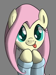 Size: 1536x2048 | Tagged: safe, artist:flutterzbk, fluttershy, g4, bust, clothes, female, looking at you, portrait, simple background, smiling, solo, tongue out