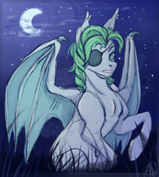 Size: 752x839 | Tagged: safe, artist:1an1, oc, oc only, oc:icy mint, bat pony, pony, bat wings, crescent moon, eyepatch, moon, night, partially open wings, solo, stars, wings