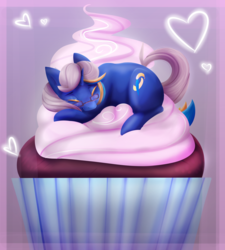 Size: 1024x1138 | Tagged: safe, artist:csox, oc, oc only, pony, unicorn, cupcake, cute, food, gift art, glasses, heart, ocbetes, sleeping, solo