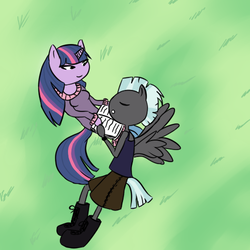 Size: 500x500 | Tagged: safe, artist:seryva, thunderlane, twilight sparkle, anthro, g4, book, duo, female, grass, lying in grass, male, nap, shipping, sleeping, straight, twilane