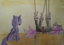 Size: 1512x1070 | Tagged: safe, artist:darktentacles0666, fizzlepop berrytwist, tempest shadow, twilight sparkle, alicorn, pony, unicorn, g4, my little pony: the movie, bondage, bondage furniture, broken horn, chains, eyes closed, feather, female, front hoof tickling, hoof fetish, hoof tickling, horn, laughing, legs in air, sitting, tickle torture, tickling, tongue out, twilight sparkle (alicorn), updated