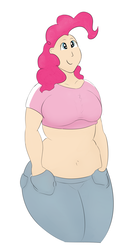 Size: 1351x2500 | Tagged: safe, artist:lupin quill, pinkie pie, human, g4, belly button, chubby, clothes, curvy, female, humanized, jeans, midriff, pants, plump, short shirt, simple background, solo