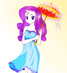 Size: 913x1000 | Tagged: safe, artist:cabrony, artist:pimmy, color edit, edit, rarity, human, g4, clothes, colored, dress, elf ears, female, gradient background, horn, horned humanization, humanized, solo, sundress, umbrella