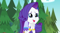 Size: 854x480 | Tagged: safe, screencap, rarity, equestria girls, g4, my little pony equestria girls: legend of everfree, bracelet, clothes, female, happy, jewelry, smiling, solo, tree