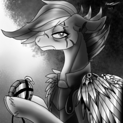 Size: 1550x1550 | Tagged: safe, artist:brainiac, rainbow dash, pony, g4, adult, alternate universe, amputee, armor, augmented, black and white, canteen, clothes, female, floppy ears, fog, grayscale, horseshoes, mare, monochrome, older, prosthetic limb, prosthetic wing, prosthetics, scar, solo, torn ear, tree, unshorn fetlocks