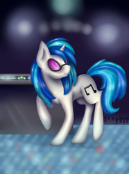 Size: 3266x4400 | Tagged: dead source, safe, artist:ellen124, dj pon-3, vinyl scratch, pony, unicorn, g4, female, high res, mare, raised hoof, solo, stage, turntable