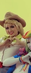 Size: 208x480 | Tagged: safe, applejack, rainbow dash, human, equestria girls, g4, my little pony & equestria girls el show en vivo, clothes, hat, irl, irl human, looking at you, makeup, photo, smiling