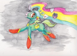 Size: 2320x1691 | Tagged: safe, artist:scribblepwn3, pony, unicorn, crossover, helmet, mail, mailbag, painting, pen drawing, rainbow, solo, space unicorn, traditional art, watercolor painting