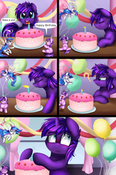 Size: 2280x3427 | Tagged: safe, artist:pridark, oc, oc only, oc:starburn, oc:tihan, oc:tinisparkler, breezie, pony, unicorn, balloon, birthday, cake, candle, food, high res, laughing, micro, size difference, species swap
