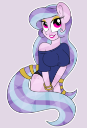 Size: 800x1178 | Tagged: safe, artist:dativyrose, oc, oc only, oc:succulent scent, crystal pony, anthro, bangles, black underwear, clothes, eyeshadow, female, lipstick, looking at you, makeup, mare, off shoulder, shirt, smiling, solo, underwear
