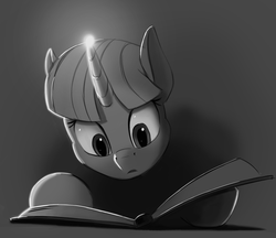Size: 2000x1724 | Tagged: safe, artist:vistamage, twilight sparkle, g4, book, bust, glowing horn, grayscale, horn, looking at something, looking down, magic, monochrome, reading