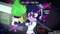 Size: 427x240 | Tagged: safe, edit, edited screencap, screencap, sci-twi, spike, spike the regular dog, twilight sparkle, dog, equestria girls, g4, mad twience, my little pony equestria girls: summertime shorts, animated, clothes, cute, gif, gloves, goggles, lab coat, smiling, spikabetes, spikelove, twiabetes