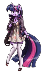 Size: 903x1600 | Tagged: safe, artist:king-kakapo, twilight sparkle, unicorn, anthro, unguligrade anthro, g4, arm hooves, bag, breasts, cellphone, cleavage, clothes, cloven hooves, dress, female, jacket, mare, open mouth, phone, shoes, simple background, smiling, stockings, thigh highs, white background