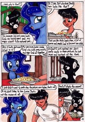 Size: 1384x1983 | Tagged: safe, artist:newyorkx3, princess luna, oc, oc only, oc:tommy, oc:tommy junior, human, comic:young days, g4, colt, comic, dialogue, eyebrows, female, foal, male, mare, open mouth, raised eyebrow, traditional art