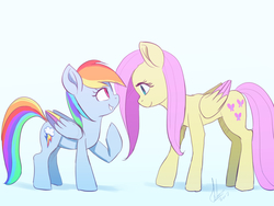 Size: 1233x925 | Tagged: safe, artist:grissaecrim, fluttershy, rainbow dash, pegasus, pony, g4, duo, female, height difference, looking at each other, mare, raised hoof, simple background, smiling