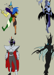 Size: 1696x2333 | Tagged: safe, artist:darthcraftus, discord, king sombra, nightmare moon, queen chrysalis, anthro, g4, kaijin, kaijufied, tokusatsu