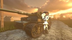 Size: 1024x576 | Tagged: safe, artist:scientsit, oc, oc only, oc:aryanne, earth pony, pony, 3d, bipedal, boots, female, hat, houses, military, road, source filmmaker, tank (vehicle), tiger (tank)