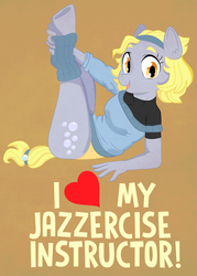 Size: 1000x1396 | Tagged: safe, artist:dbkit, derpy hooves, pegasus, anthro, unguligrade anthro, g4, alternate hairstyle, brown background, clothes, female, jazzercise, leg warmers, looking at you, mare, simple background, solo, stretching, sweatband, underp, yoga