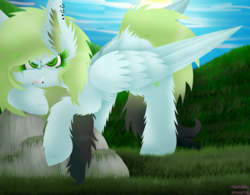 Size: 1024x798 | Tagged: safe, artist:vanillaswirl6, oc, oc only, oc:emmy, pegasus, pony, art trade, bedroom eyes, bent over, cloud, cute, detailed eyes, ear piercing, face down ass up, female, fluffy, gradient mane, grass, holding onto something, lidded eyes, lip piercing, long mane, looking at you, mare, moss, open mouth, photoshop, piercing, rock, scenery, scrunchy face, shading, sharp teeth, sky, solo, sun, teeth