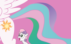 Size: 1918x1198 | Tagged: safe, artist:doublewbrothers, artist:fetchbeer, princess celestia, sweetie belle, alicorn, pony, unicorn, g4, booty had me like, butt, eyes on the prize, female, filly, looking at butt, mare, open mouth, plot, smiling, spread wings, sunbutt, wide eyes, wings
