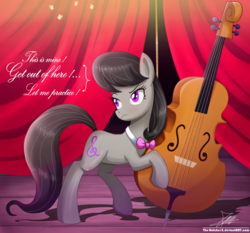 Size: 1871x1742 | Tagged: safe, artist:the-butch-x, octavia melody, earth pony, pony, g4, bowtie, cello, curtains, dialogue, female, mare, musical instrument, octavia is not amused, signature, solo, stage, unamused
